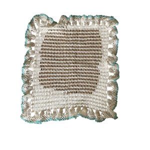 Vintage  Hand Crocheted 16” Square Table Topper White with Blue Edge